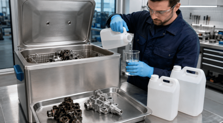 Technik dobierający płyn do przemysłowej myjki ultradźwiękowej.