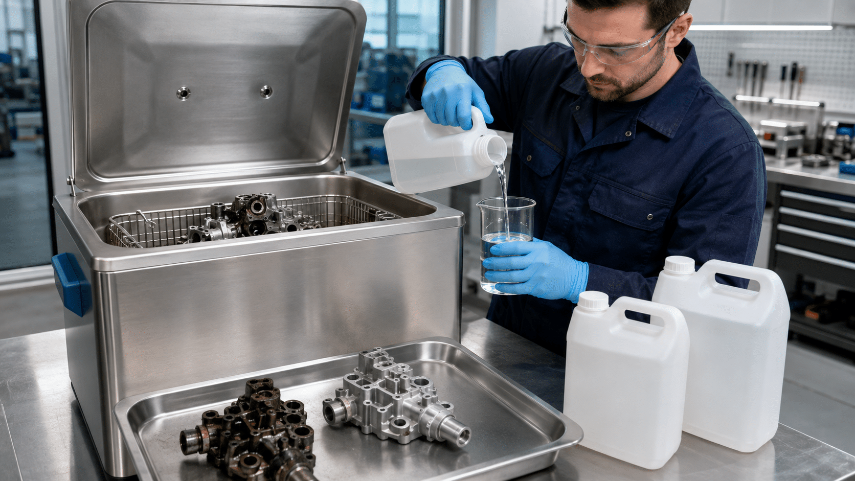 Technik dobierający płyn do przemysłowej myjki ultradźwiękowej.